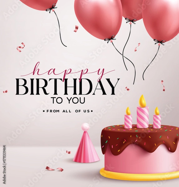Fototapeta Happy Birthday greeting text clipart design. Pink birthday cake and floating balloons with greeting text clip art for kid girl invitation card template in simple background vector illustration.
