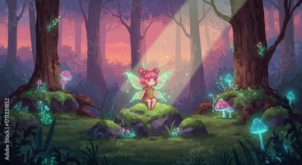 Fototapeta Cute sprite child with sparkling emerald aura, perched on a moss-covered rock in a dreamy magical forest