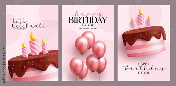 Fototapeta Happy Birthday pink greeting card clipart poster set. Happy Birthday greeting clip art with cake and bunch of balloons decoration elements in pink abstract background invitation card template vector 