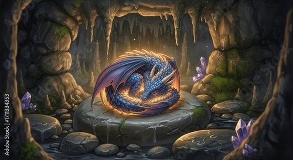 Fototapeta Tiny sleeping dragon curled on a stone, glowing faintly, soft magical light illuminating the dark cavern