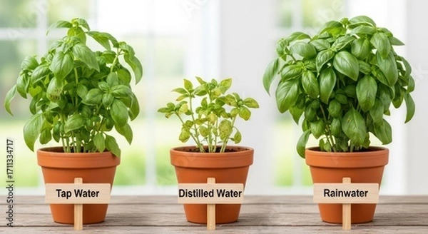 Obraz Basil Plants Comparison: Tap, Distilled, Rainwater Irrigation