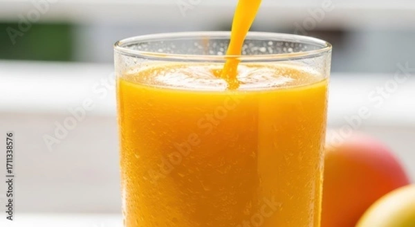 Fototapeta Freshly poured mango juice in a glass with condensation droplets