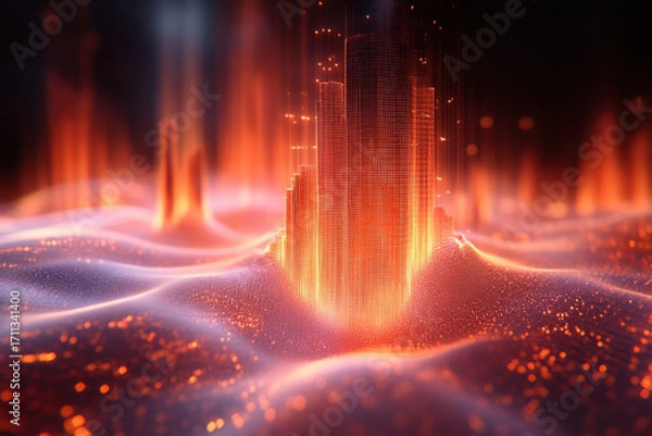 Fototapeta Red glow illuminated futuristic city with glowing lights.