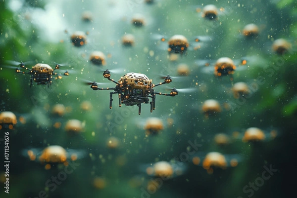 Fototapeta Drone flying over forest with oranges.