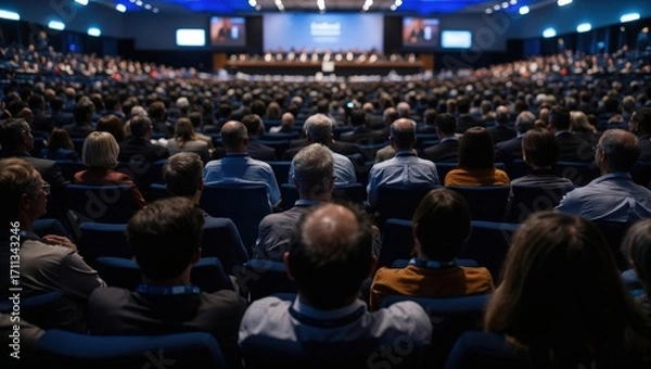 Fototapeta Audience listens to the speech of the lecturer in a dark, dimly lit conference hall