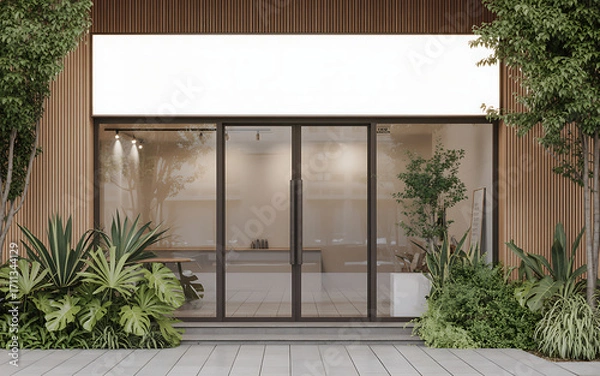 Obraz Modern building facade with large blank sign and lush greenery ideal for branding illustration