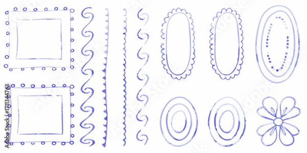 Fototapeta Collection of hand drawn blue watercolor borders and frames with decorative elements on white background
