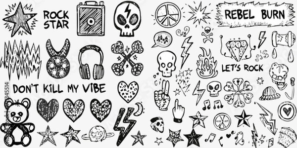 Fototapeta Collection of hand drawn rock and roll doodles including skulls peace signs hearts and lightning bolts