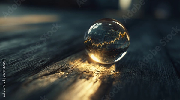 Fototapeta Glass Paperweight Magnifying a Stock Market Graph on Wooden Table