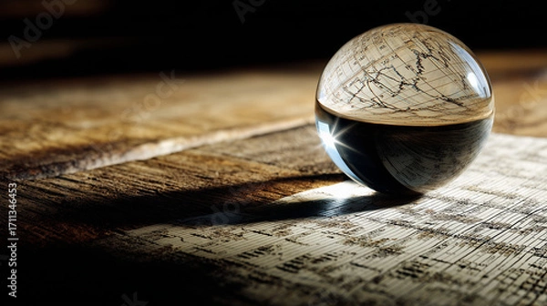 Fototapeta Glass Paperweight Magnifying a Stock Market Graph on Wooden Table