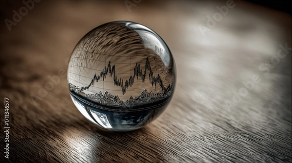 Fototapeta Glass Paperweight Magnifying a Stock Market Graph on Wooden Table