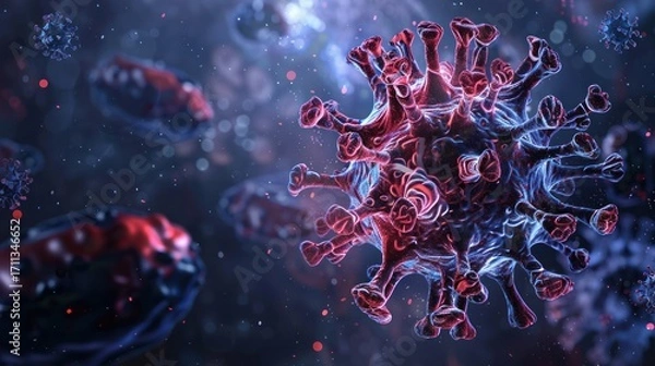 Fototapeta Microscopic Virus Particle Illustration in Red and Blue Colors with Detailed Surface Structure