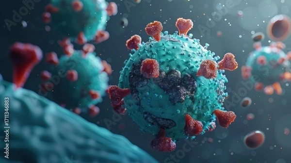 Fototapeta Microscopic Virus Particle with Red Spike Proteins in Blue and Green Colors