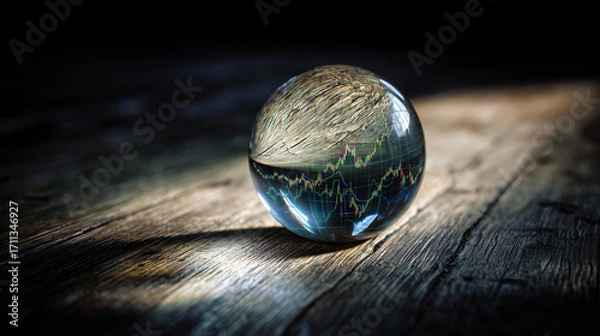 Fototapeta Glass Paperweight Magnifying a Stock Market Graph on Wooden Table