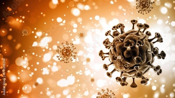 Fototapeta Microscopic Virus Particles in Bright Golden Background with Bokeh Effect