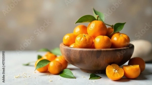 Fototapeta A wooden bowl brimming with vibrant, juicy citrus fruits, surrounded by additional fruit and lush green leaves, presents a delightful and refreshing still life.