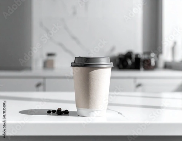 Obraz 黒いフタ付き白いテイクアウトコーヒーカップのシンプルなモックアップデザイン｜飲み物,カフェ,紙コップ,無地,ブランド素材