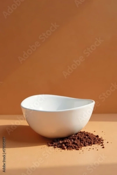 Fototapeta A smooth white bowl rests on a warm-toned surface, spilling a scattering of dark brown granules nearby.