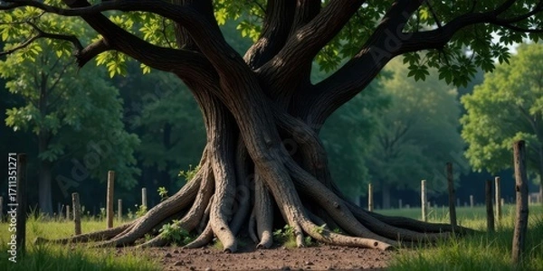 Fototapeta Majestic ancient tree with exposed roots, standing serene in a sunlit meadow, partially obscured by a rustic wooden fence
