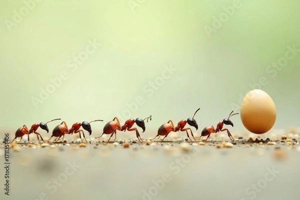 Fototapeta A team of diligent insects collaborates, exhibiting impressive strength and teamwork as they maneuver a sizable object.