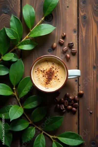 Fototapeta Aromatic Coffee Beverage with Heart-Shaped Cinnamon Design Surrounded by Lush Greenery on Rustic Wooden Surface