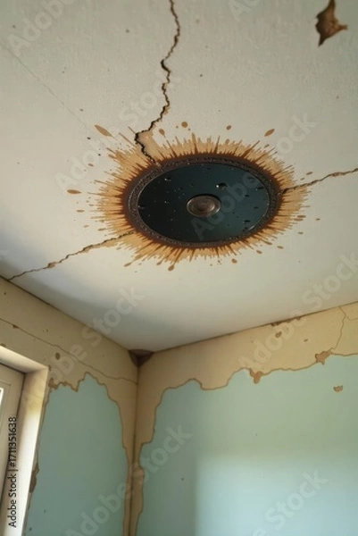 Fototapeta A circular stain, reminiscent of a celestial body, marks a cracked ceiling, suggesting water damage and the need for home repair.