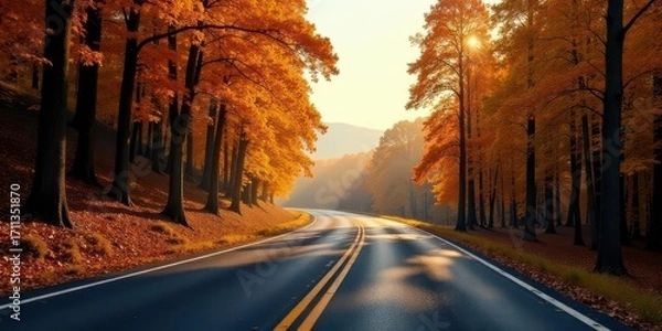 Fototapeta Autumnal Road Through Golden Canopy A Scenic Drive on a Sunlit Asphalt Path Lined with Vibrant Fall Foliage