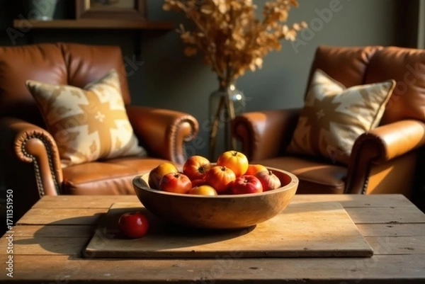 Fototapeta A rustic wooden bowl brimming with autumnal fruits rests on a weathered table between two inviting leather armchairs, bathed in warm sunlight.