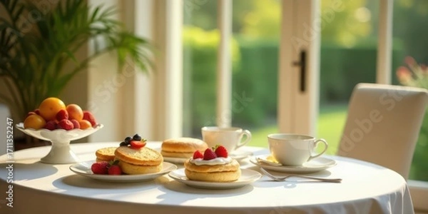 Fototapeta Sunlight streams through a window illuminating a table setting featuring delicate pastries, fresh fruit, and teacups.