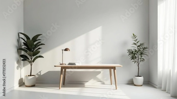 Fototapeta Modern minimalist home office workspace with light wood desk, potted plants, and a desk lamp
