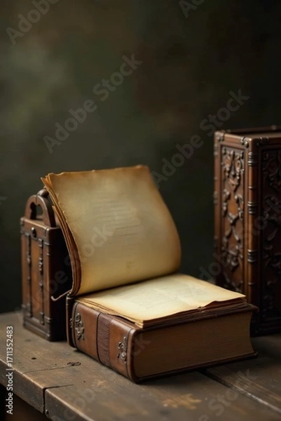 Fototapeta A Timeless Leather-Bound Book Rests Open on a Rustic Wooden Table Beside an Intricately Carved Wooden Box