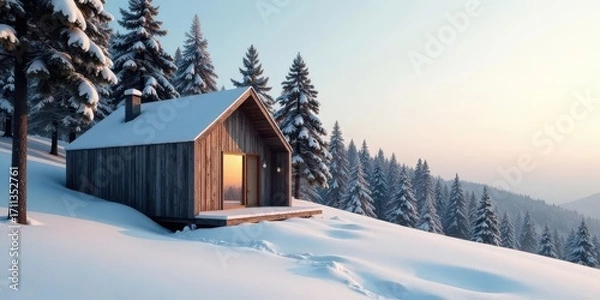 Fototapeta Serene Wooden Cabin Nestled in a Snowy Winter Wonderland, Offering Tranquil Solitude and Breathtaking Views