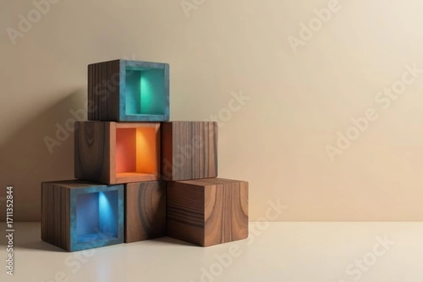 Fototapeta Illuminated Wooden Cubes Arranged in a Pyramid Shape on a Neutral Background