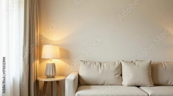 Fototapeta Warm Lighting Illuminates a Cozy Living Room Setting with Neutral Tones and Soft Textures Featuring a Comfortable Sofa and Sheer Curtains