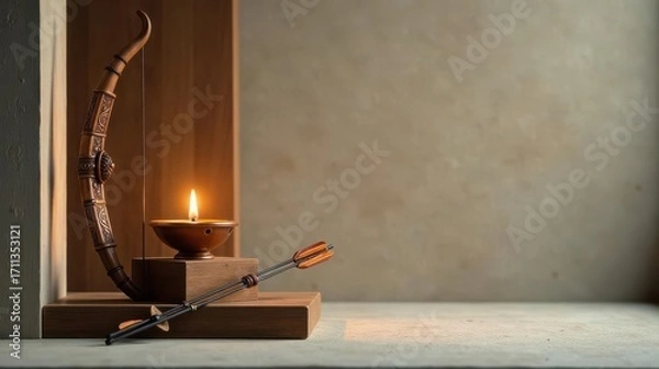 Fototapeta Intricate Wooden Bow with Glowing Candle and Arrows on a Rustic Display