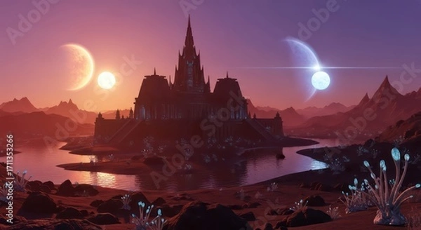 Obraz Alien Gothic Castle on Red Planet with Two Moons and Glowing Flora