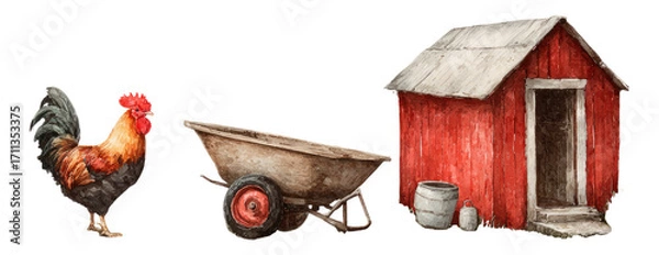 Fototapeta Rooster with Wheelbarrow and Red Barn Illustration