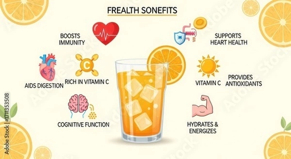 Fototapeta Orange Juice Benefits: Immunity, Heart Health, Digestion, Cognitive Function, and Energy.