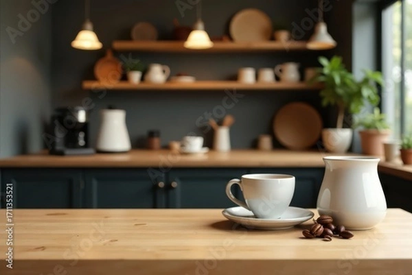 Fototapeta Aromatic Coffee Break in a Cozy Kitchen Setting with a Light Wooden Countertop
