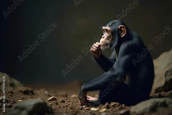 Fototapeta A pensive chimpanzee sits thoughtfully amidst earthy tones, contemplating the world around it in a moment of quiet reflection.