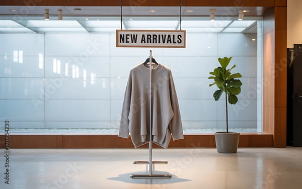 Obraz Stylish new arrivals garment displayed on a modern retail clothing rack in a bright store illustration