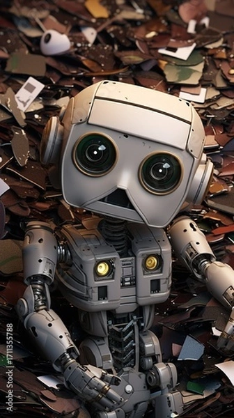 Fototapeta A sad looking robot is lying in a pile of trash and looking up with big eyes