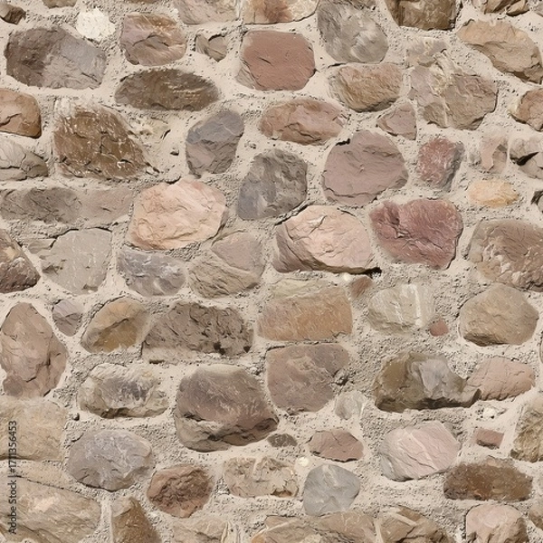 Fototapeta Seamless texture of a rustic stone wall made from rounded, multicolored rocks of various sizes, with thick, visible mortar joints, giving a classic, solid, and timeless feel.