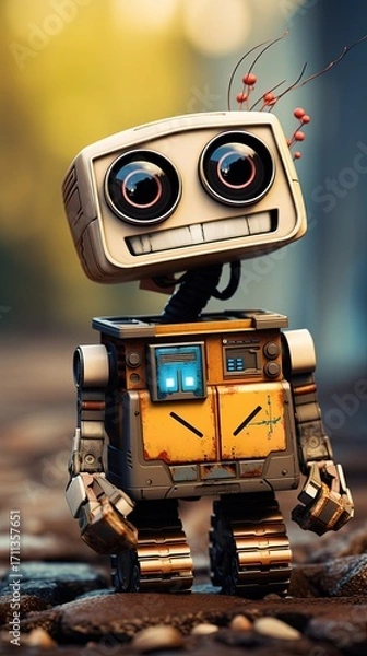 Fototapeta A charming little robot with a boxy head and a cheerful smile stands outdoors