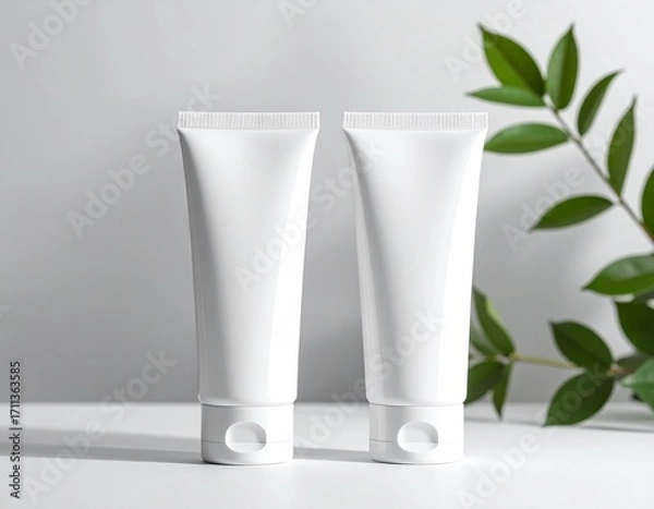 Obraz 白い化粧品チューブ容器が並ぶシンプルなモックアップデザイン｜スキンケア,コスメ,パッケージ,ブランド,美容