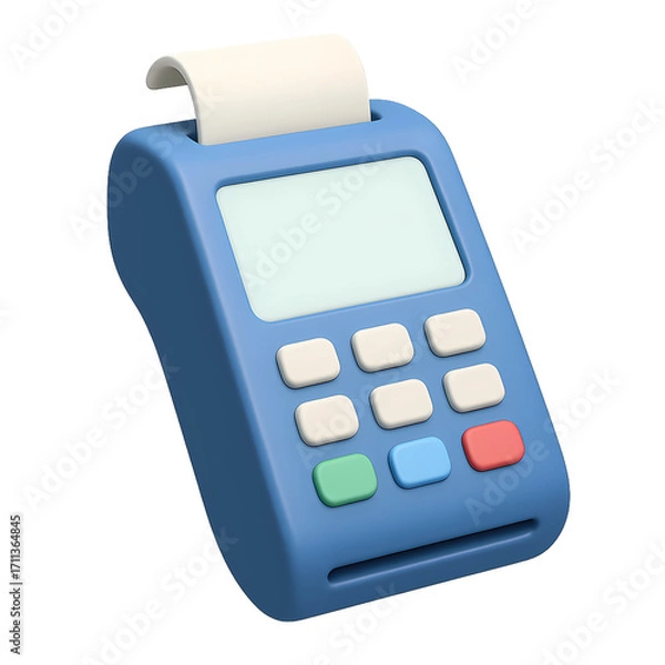 Fototapeta A stylized 3D rendering of a blue point-of-sale terminal with a receipt emerging.