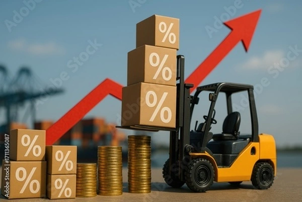 Fototapeta Logistics cost increase. Forklift lifting boxes with rising graph and coins in the background.