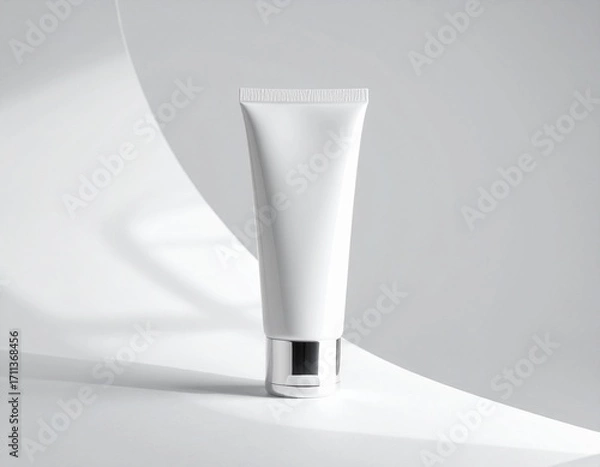 Obraz シルバー蓋の白い化粧品チューブ容器のシンプルなモックアップデザイン｜スキンケア,コスメ,パッケージ,ブランド,美容