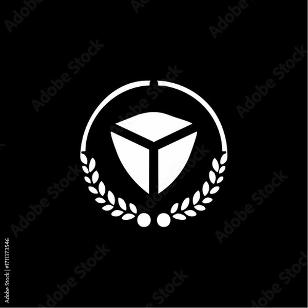 Fototapeta A stylized white emblem featuring a three-dimensional geometric shape within a laurel wreath, set against a stark black background.