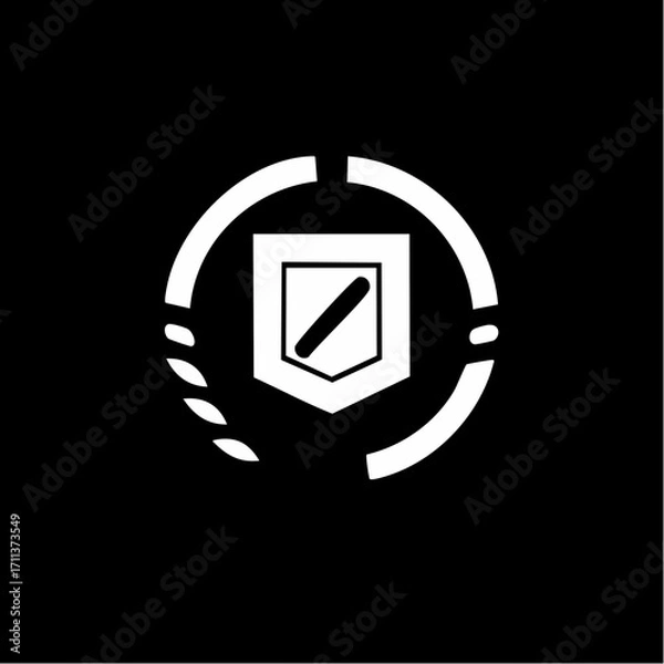 Fototapeta A minimalist white shield emblem with a diagonal line, enclosed within a circular graphic element on a black background.